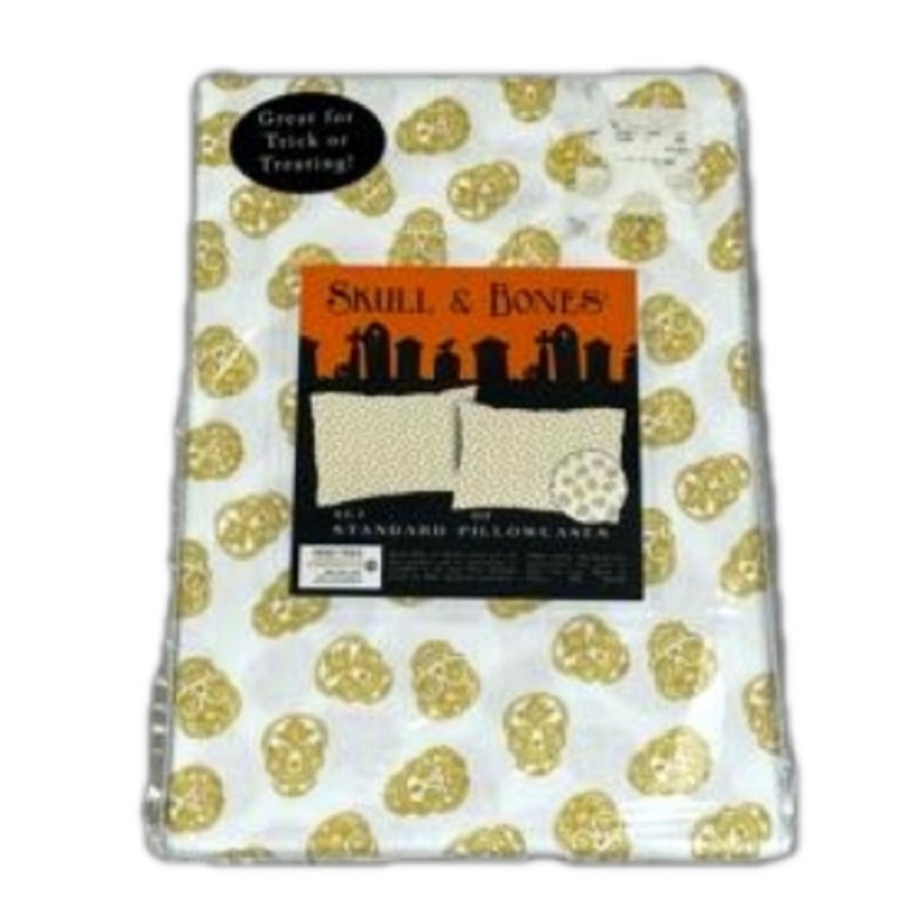 Skull & Bones Pillowcase Set Standard Size NWT White Gold